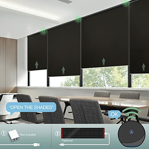 Smart window shades in an office with remote control features.