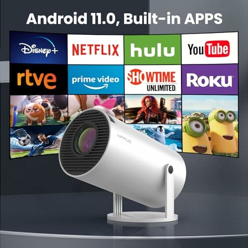 Smart projector with streaming apps like Disney+, Netflix, Hulu, and YouTube displayed.