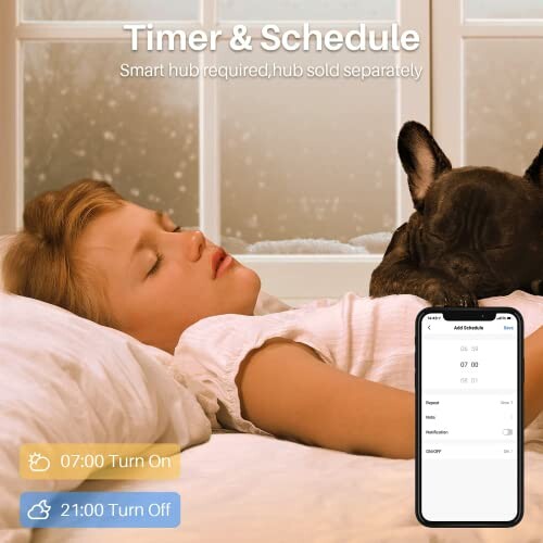 Person sleeping with dog, smartphone showing timer schedule app.