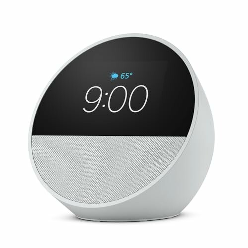 Smart speaker with clock display showing 9:00 and weather.