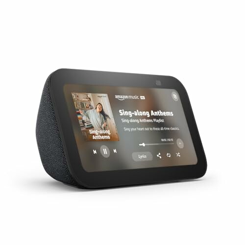 Smart speaker with display showing music playlist