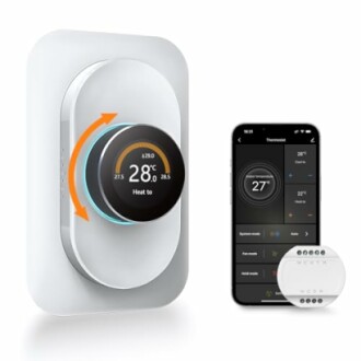 Smart thermostat with a mobile app interface showing temperature settings.