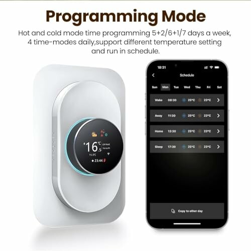 Smart thermostat and phone app displaying programming mode schedule.