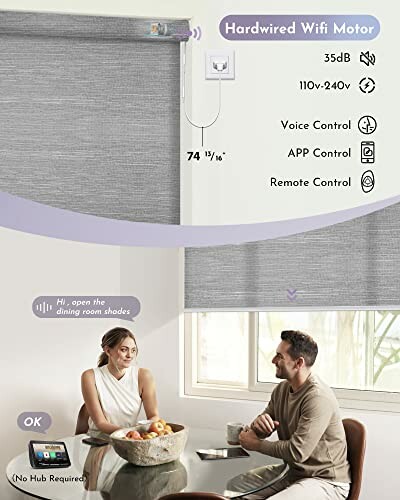 Two people sitting under automated blinds with hardwired WiFi motor control features displayed.