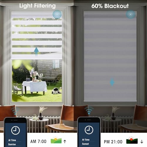 Comparison of smart window blinds with light filtering and 60% blackout modes, showing schedule settings.