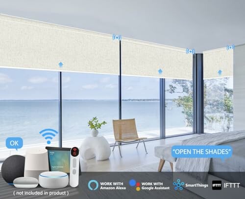 Automated smart window shades controlled by voice assistants.