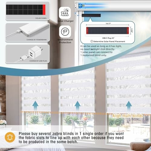 Diagram of solar-powered zebra blinds with charging details and installation tips.