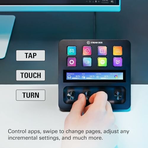 Person using a Stream Deck with buttons and knobs