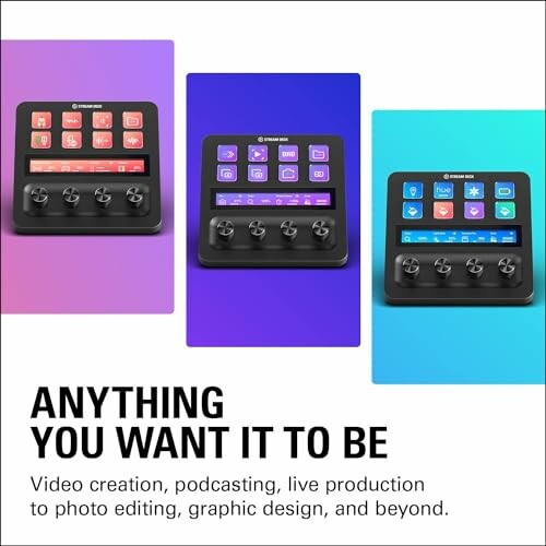 Three stream deck controllers with customizable buttons on colorful backgrounds.