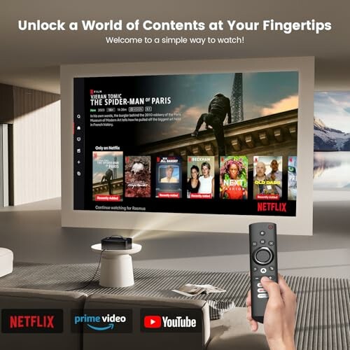 Person holding remote in front of a TV displaying streaming services like Netflix and Prime Video.