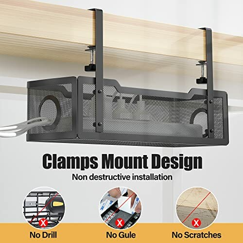 Under desk cable management tray with clamp mount design.