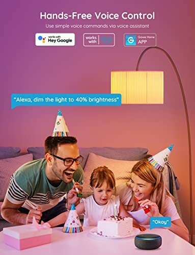 Family using voice control with smart speaker to adjust lamp brightness during a birthday celebration.