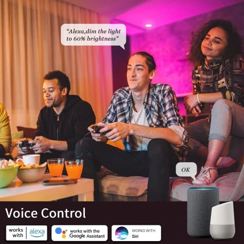 Group of friends using voice-controlled smart devices in a living room.