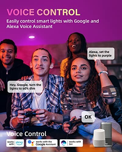 People using voice control to adjust smart lights with Google and Alexa.