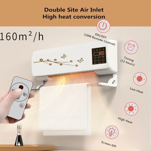 Wall-mounted heater with remote control and features display.