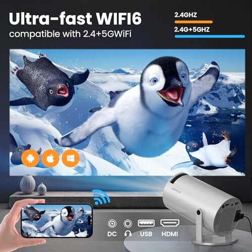 Projector displaying animated penguins with ultra-fast WiFi6 compatibility.