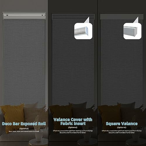 Comparison of window blinds with deco bar, fabric insert, and square valance.